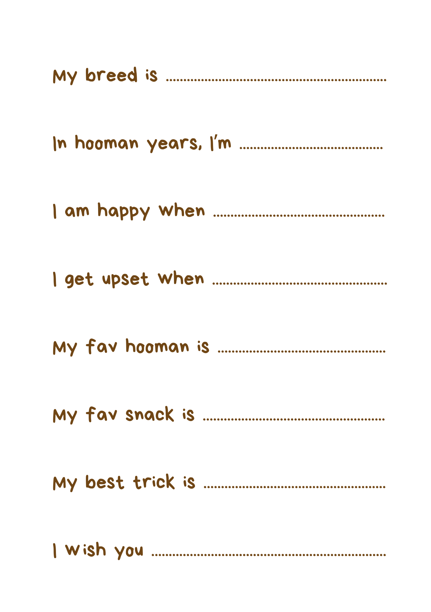 Inside page with prompts about a dog’s personality and favourite things