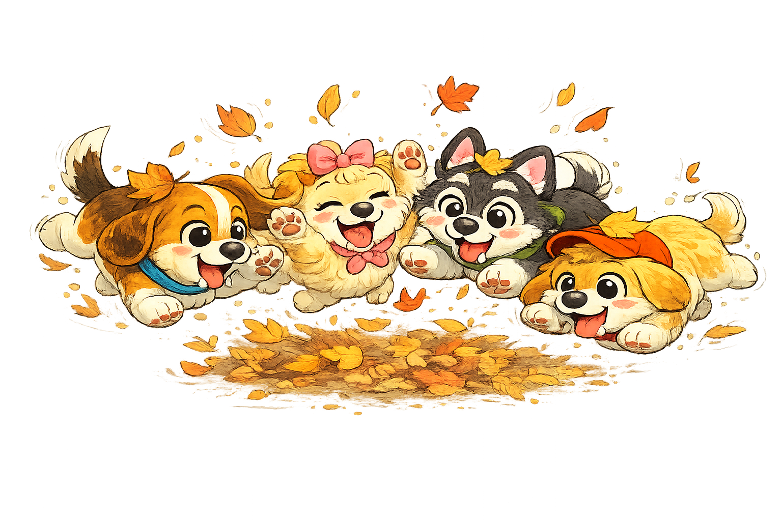 Four cheerful puppy friends playing together in autumn leaves