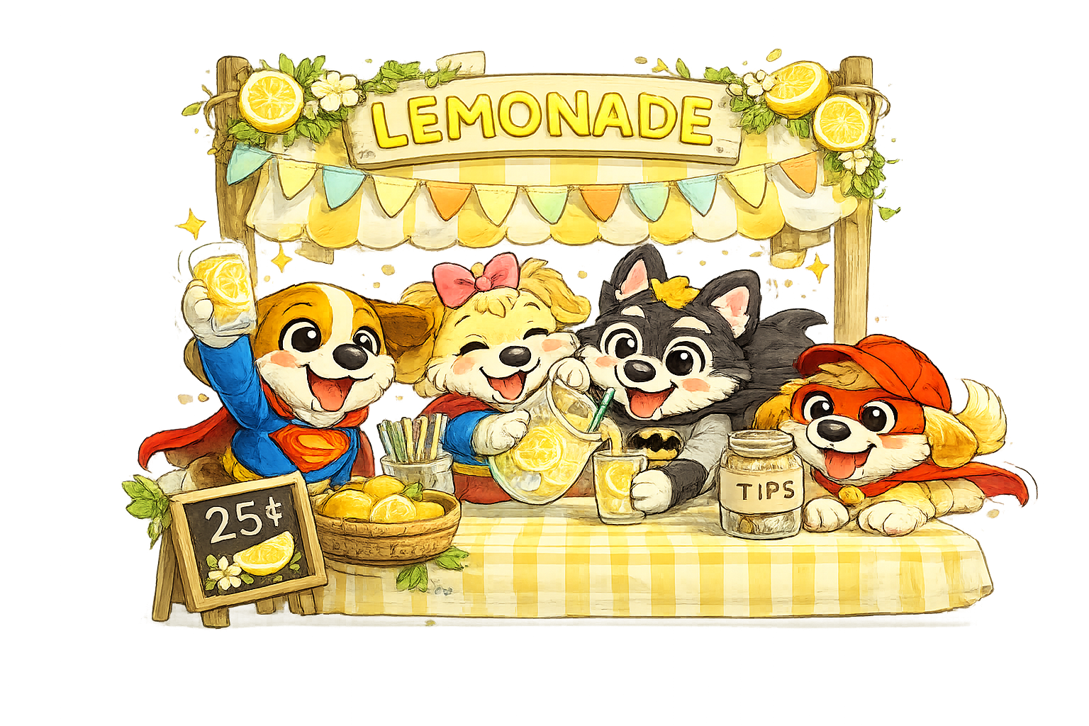 Four illustrated puppies running a cheerful lemonade stand