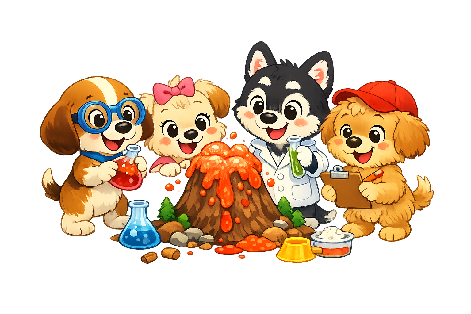 Four playful puppies doing a colourful science experiment