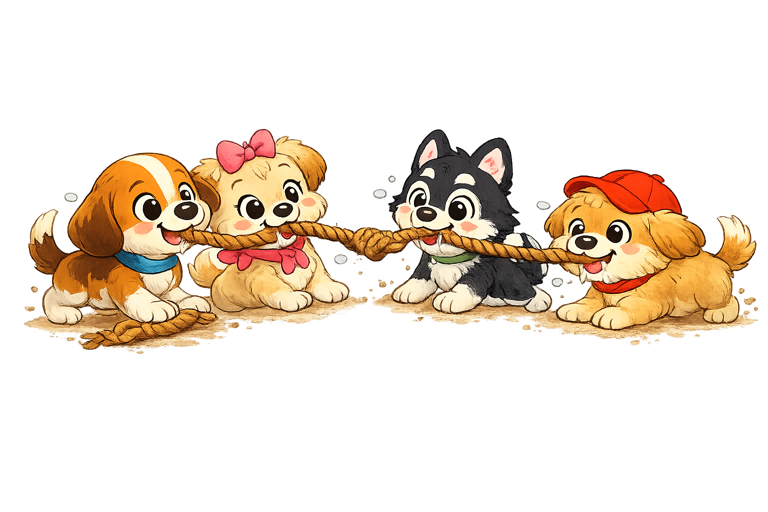 Four cheerful illustrated puppies playing tug-of-war